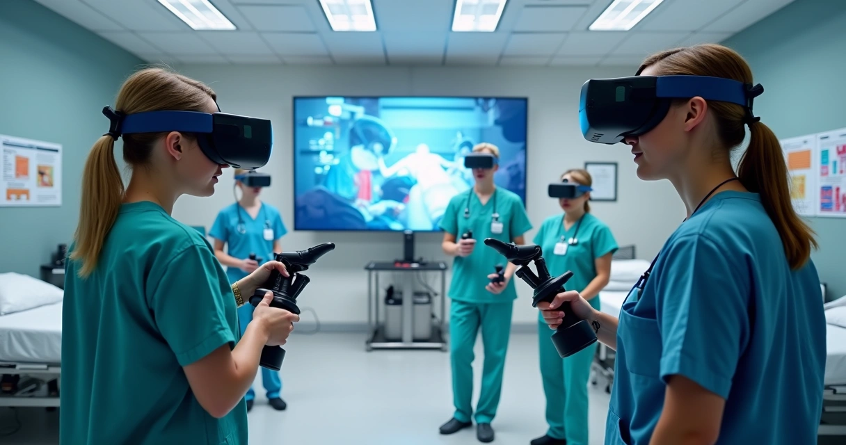 Equipe de saúde utilizando óculos de realidade virtual em treinamento prático 