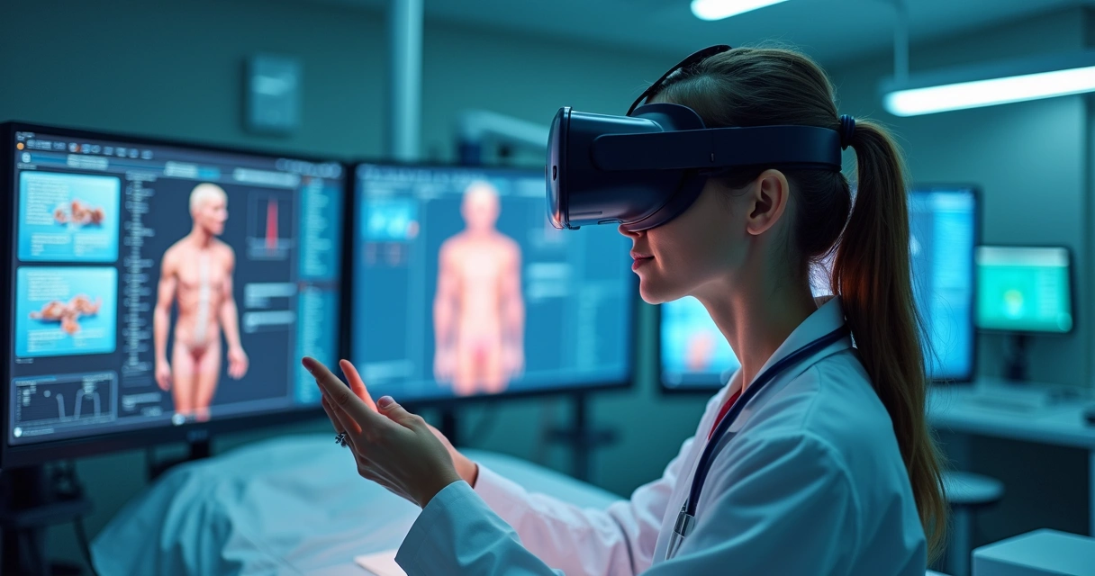 Profissional de saúde usando óculos de realidade virtual em simulação clínica