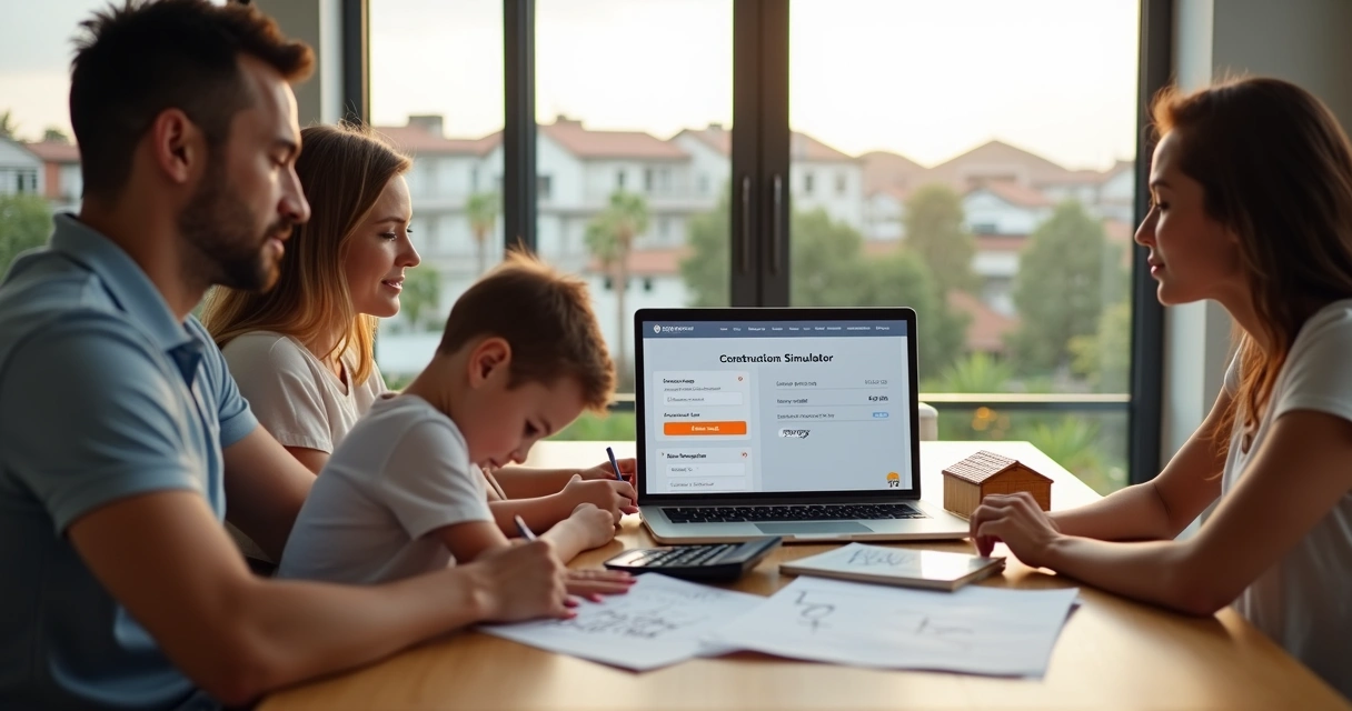 Família usando notebook para simular renda e financiamento da construção de casa 