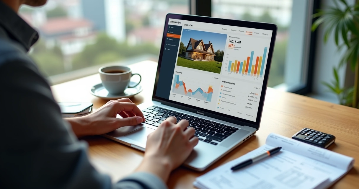 Investidor analisando a rentabilidade de um imóvel de leilão em um notebook com gráficos 