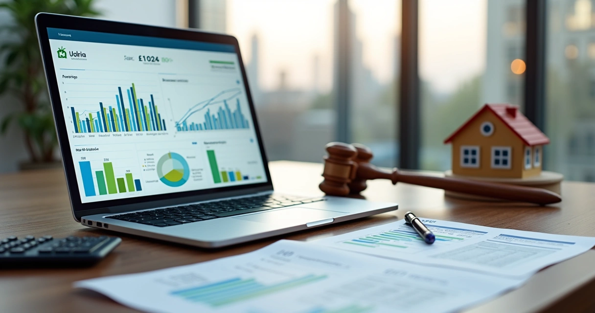 Tela de computador com simulador de rentabilidade de leilão de imóveis ao lado de miniatura de casa e martelo de leilão 