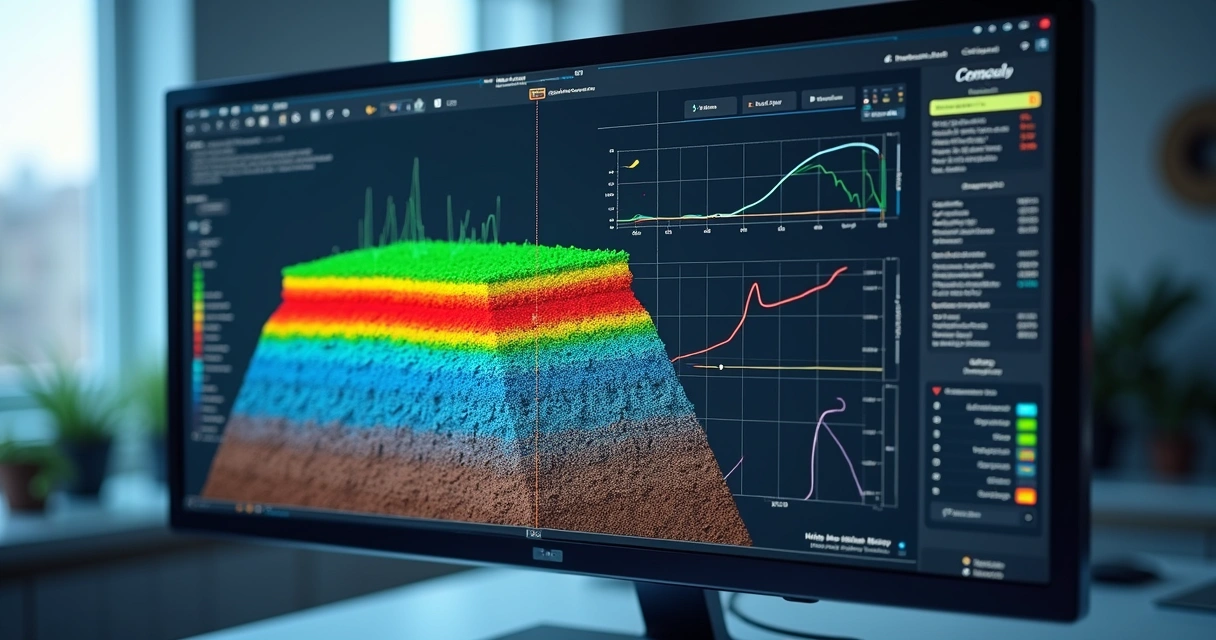 Simulação numérica em tela mostrando camadas do solo sob análise sísmica 