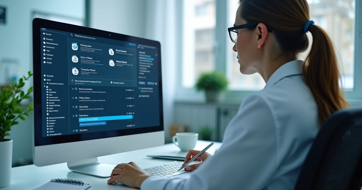 Técnico simulando restauração de backup em computador de clínica médica 