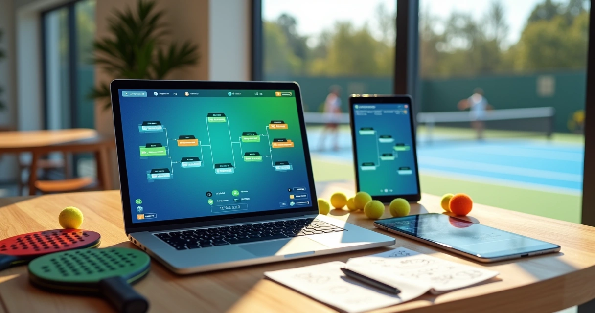 Mesa com laptop exibindo simulação de resultados de torneio de raquetes 