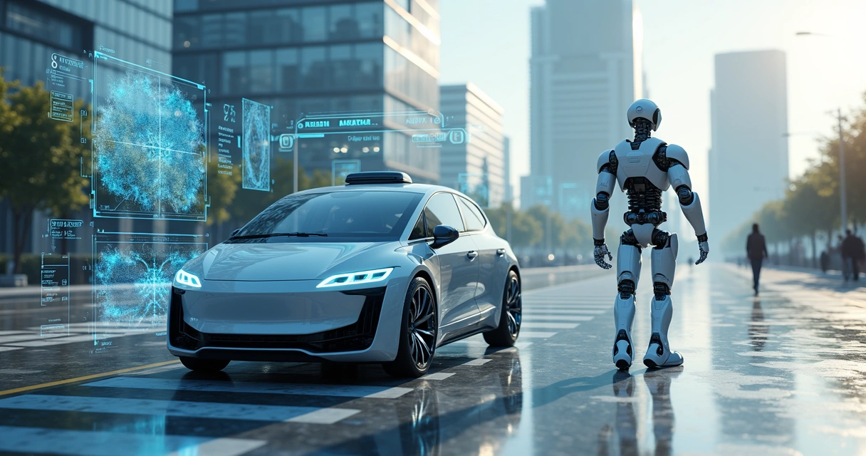 Robô e veículo autônomo operando em ambiente urbano simulado com gráficos de dados e múltiplas câmeras 