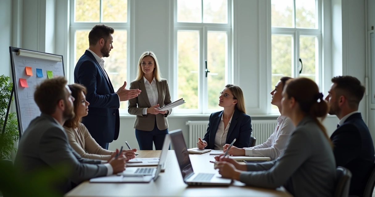 Profissionais praticando simulação de liderança em oficina 