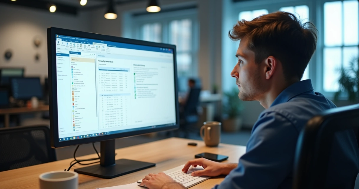 Funcionário usando computador em ambiente de testes sandbox ERP em escritório 