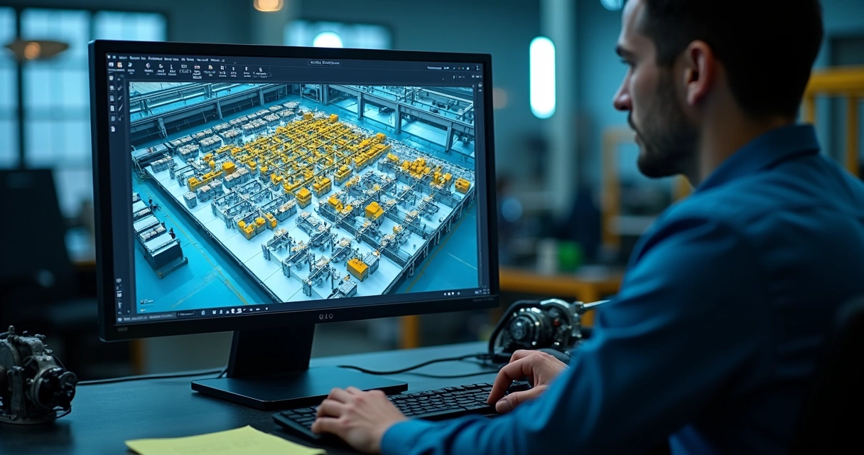 Simulação em software de uma linha de produção industrial, mostrando disposição de máquinas 