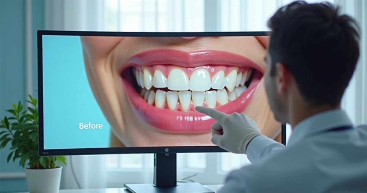Simulação de sorriso antes e depois em tela de computador do consultório