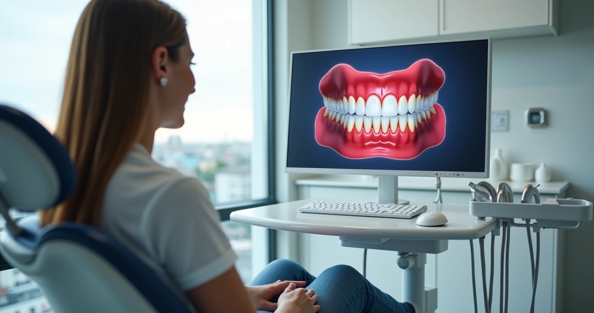 Paciente vendo simulação digital do sorriso após tratamento Invisalign