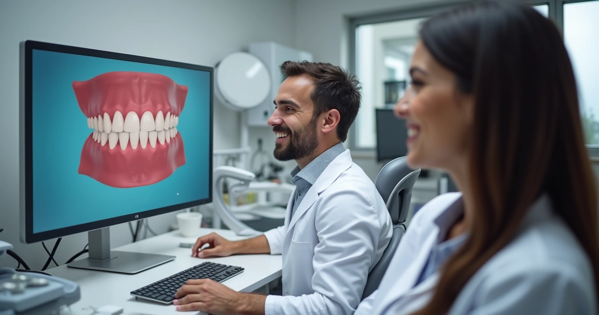 Paciente em consultório odontológico vendo simulação digital do sorriso