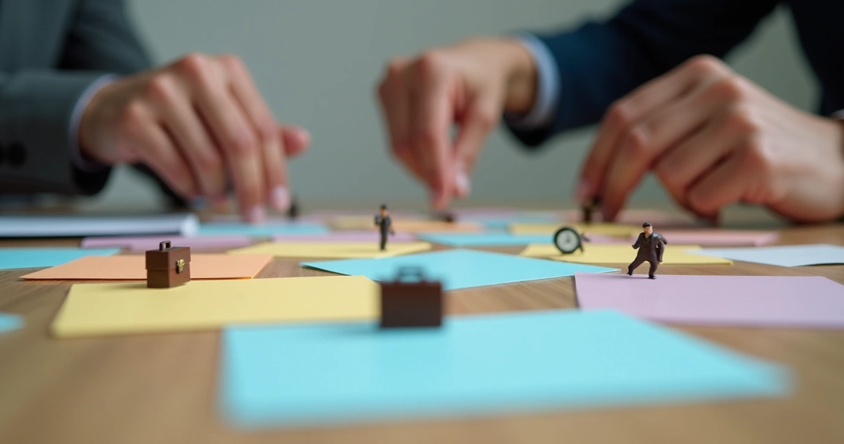 Pessoa simulando diferentes cenários com fichas coloridas sobre uma mesa de madeira