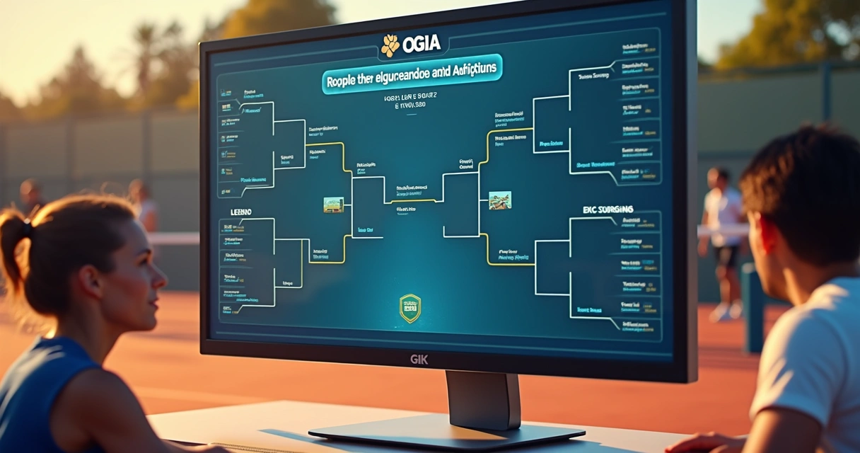 Painel digital mostrando simulação de tabela de torneio de raquetes 