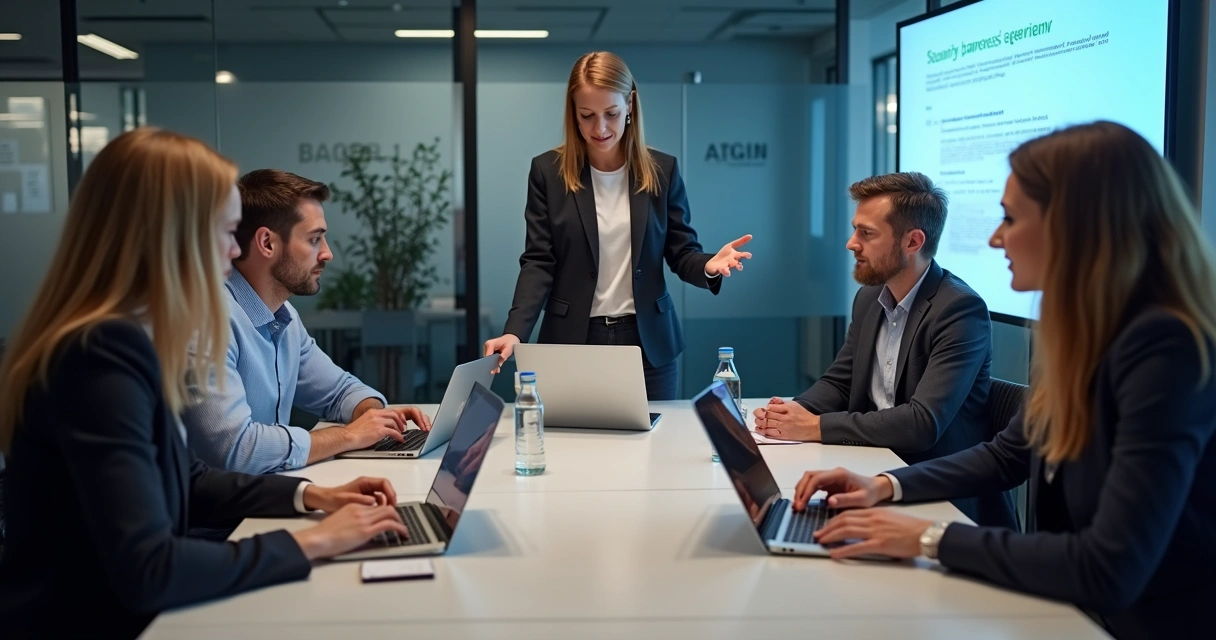 Equipe corporativa realizando simulação de ataque phishing em treinamento digital