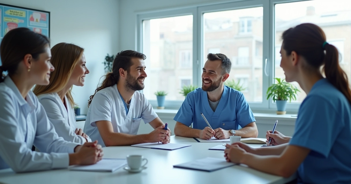 Equipe odontológica em treinamento prático de atendimento consultivo