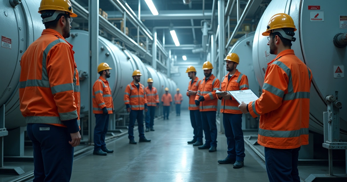 Equipe participando de simulação de emergência com vaso de pressão 