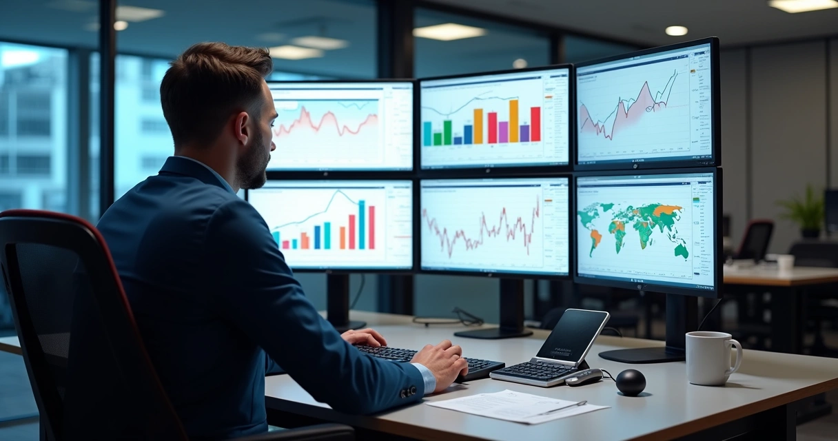 Profissional analisando gráficos de simulação tributária em tela de computador 
