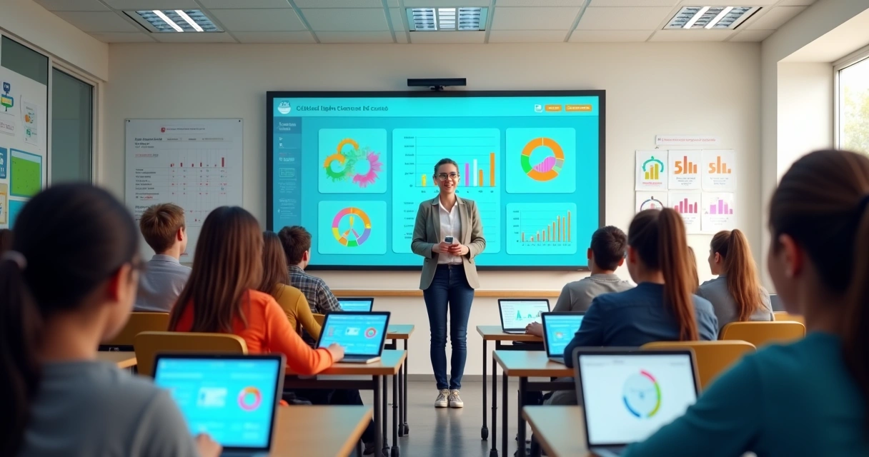 Alunos fazendo simulado digital em sala de aula