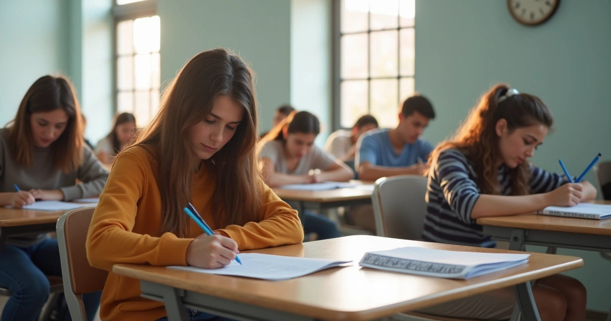 Jovens fazendo simulado para o Enem em sala de aula 