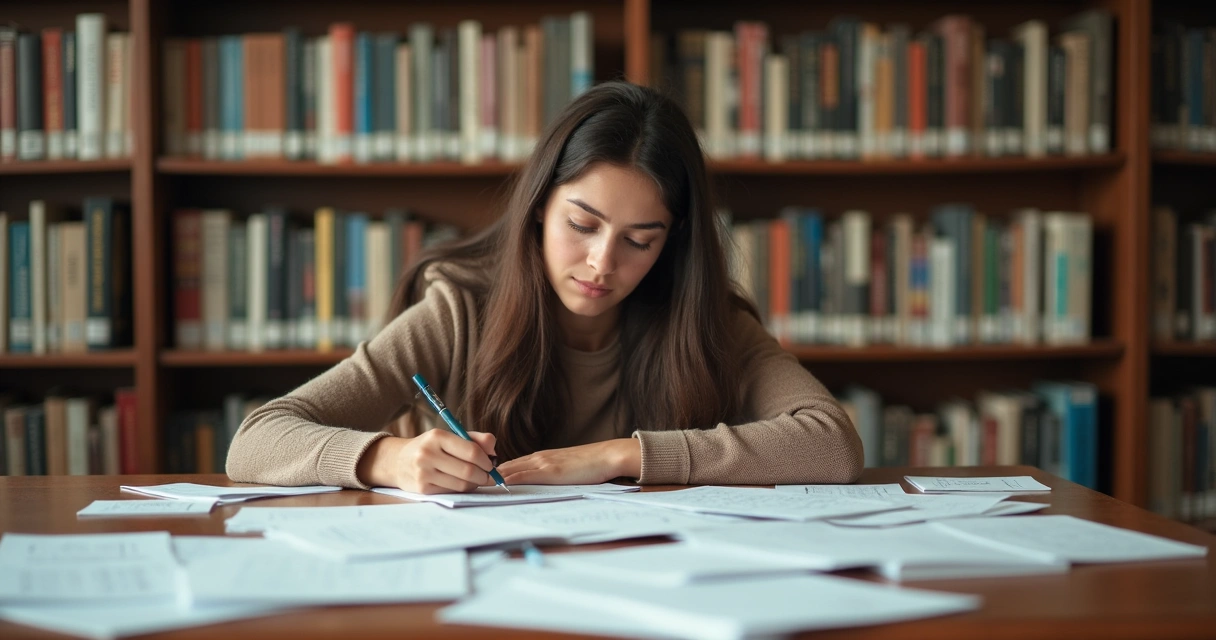 Estudante fazendo simulado de matemática sozinha em biblioteca 