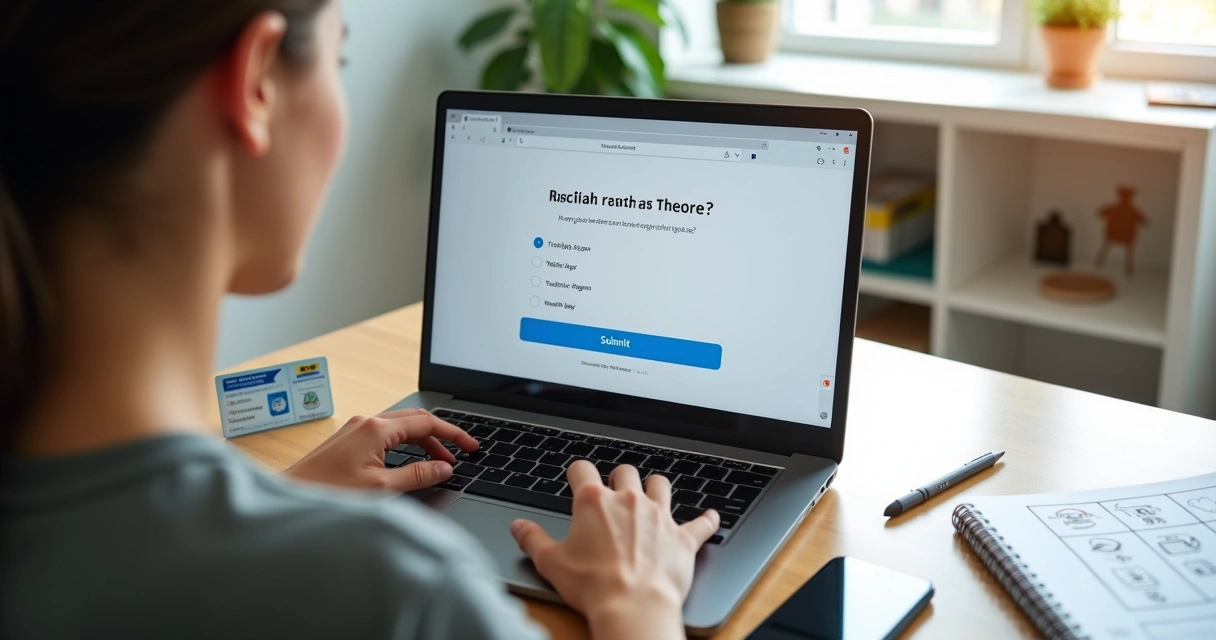 Jovem fazendo simulado online da prova teórica da CNH em notebook 