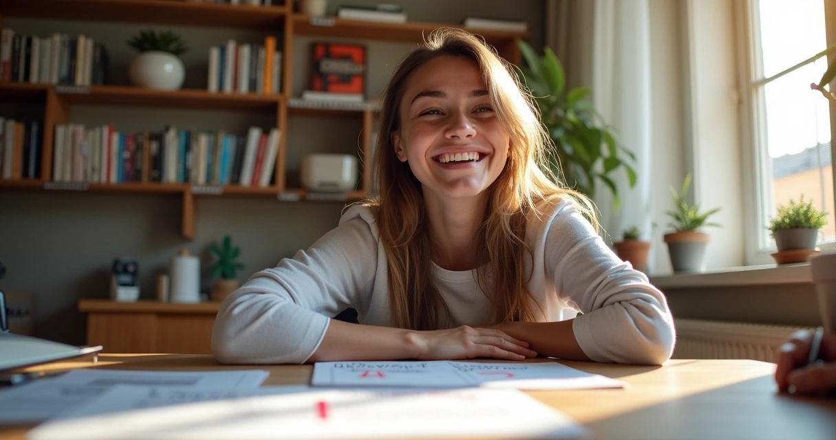 Jovem sorrindo após simulado corrigido em mesa de estudos