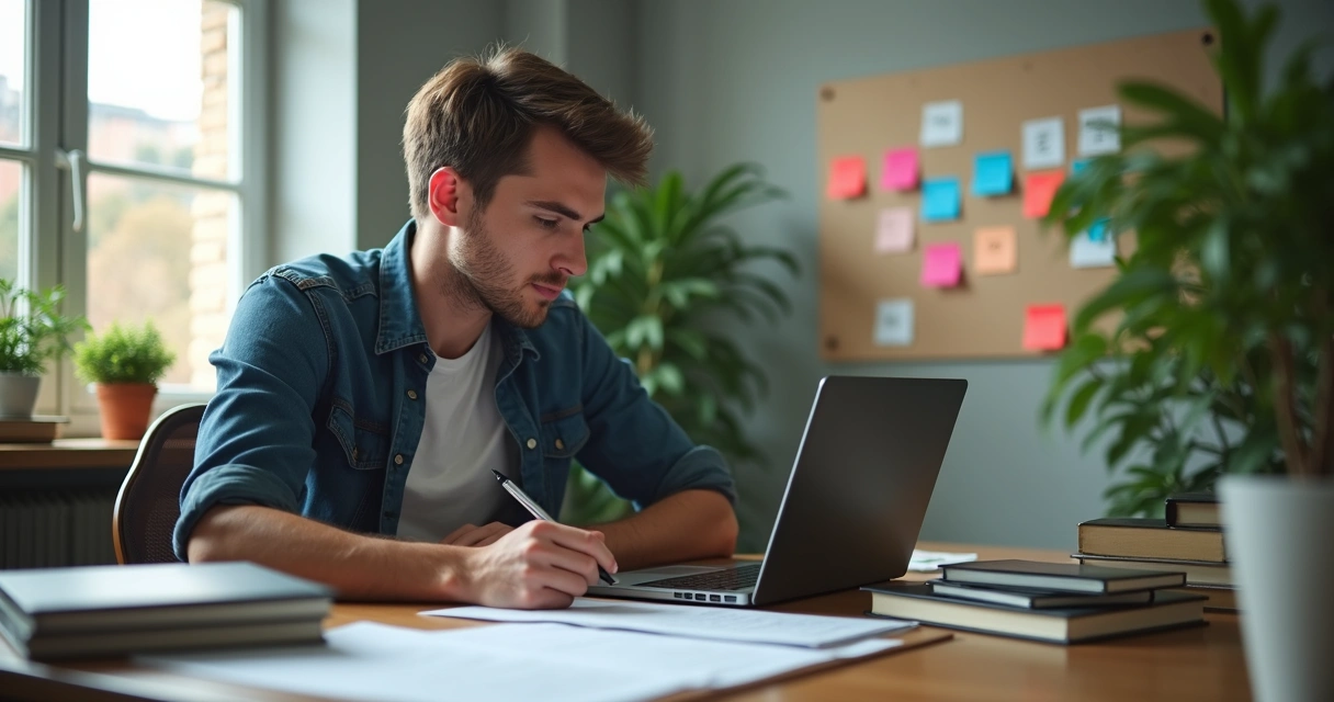 Jovem sentado com livros de TI, notebook e folha de simulado, estudando para concurso
