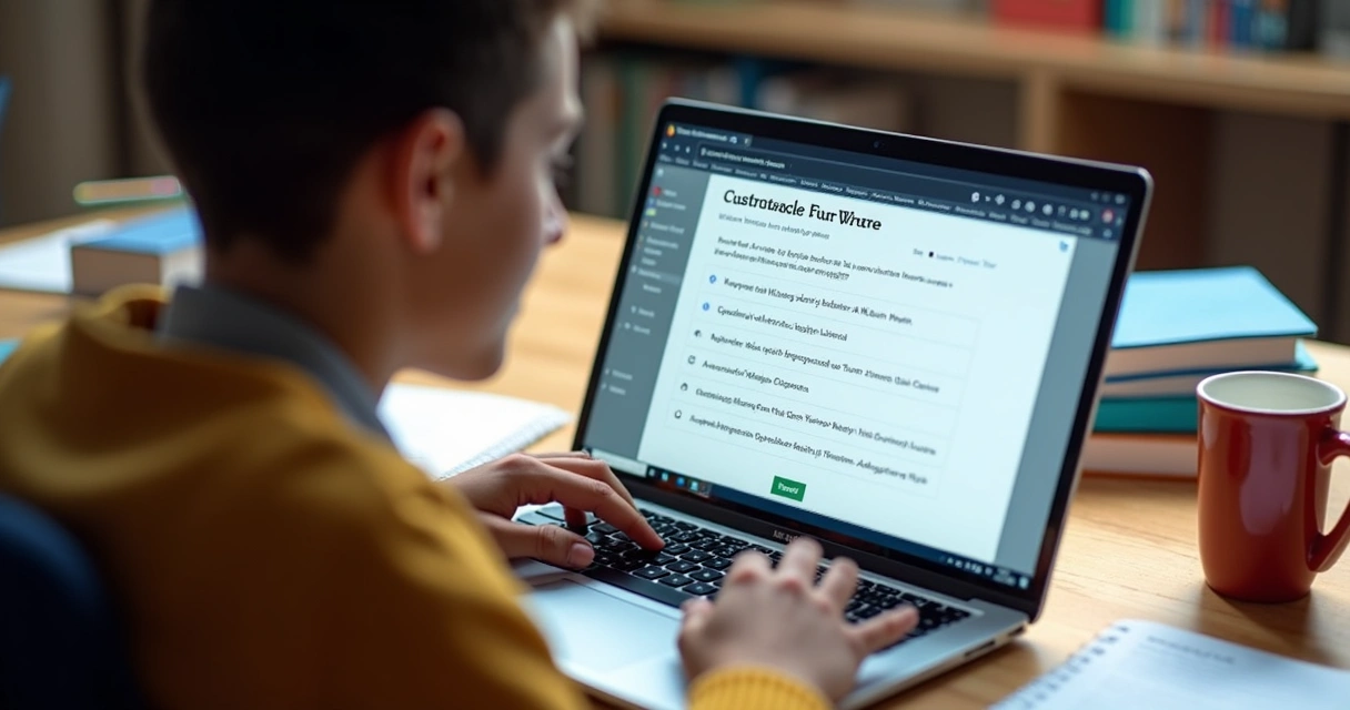Aluno realizando simulado adaptado para vestibular sentado em frente ao notebook