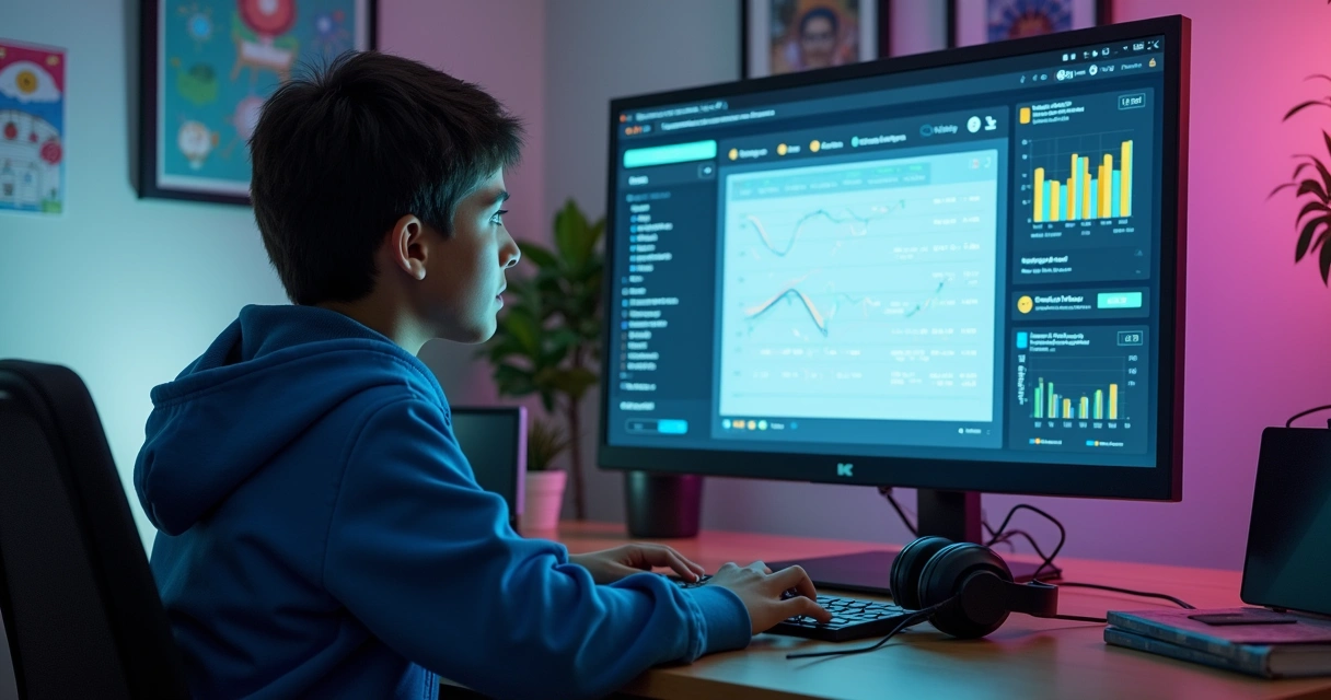 Jovem resolvendo simulado digital, gráficos de desempenho em tela, ambiente de estudo moderno
