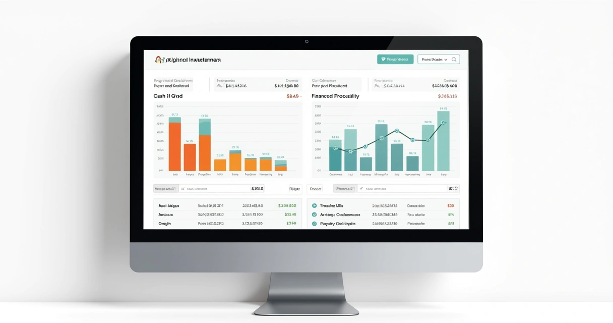 Simulador de análise de imóvel mostrando gráficos de rentabilidade e comparação entre cenários à vista e parcelado 