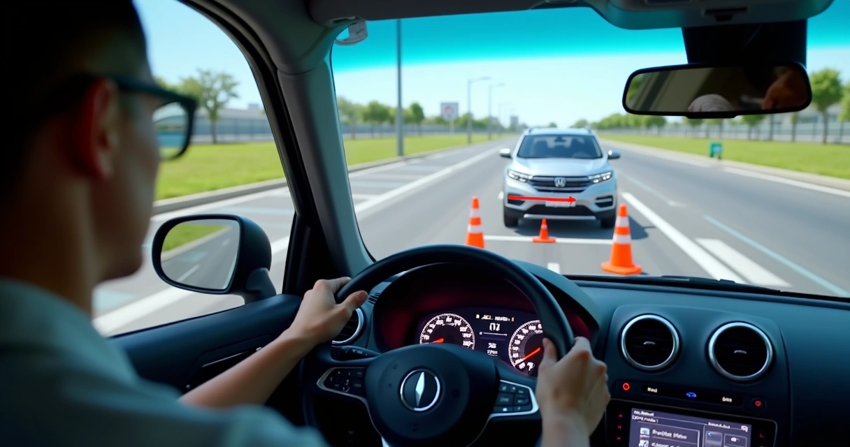 Simulação de baliza digital em uma tela de computador com instruções visuais de estacionamento 