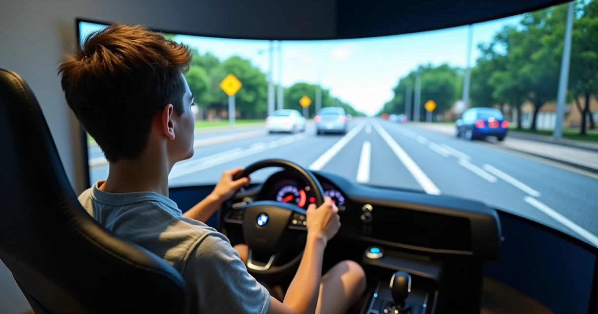 Jovem usando simulador de direção em autoescola com volante e tela de trânsito 