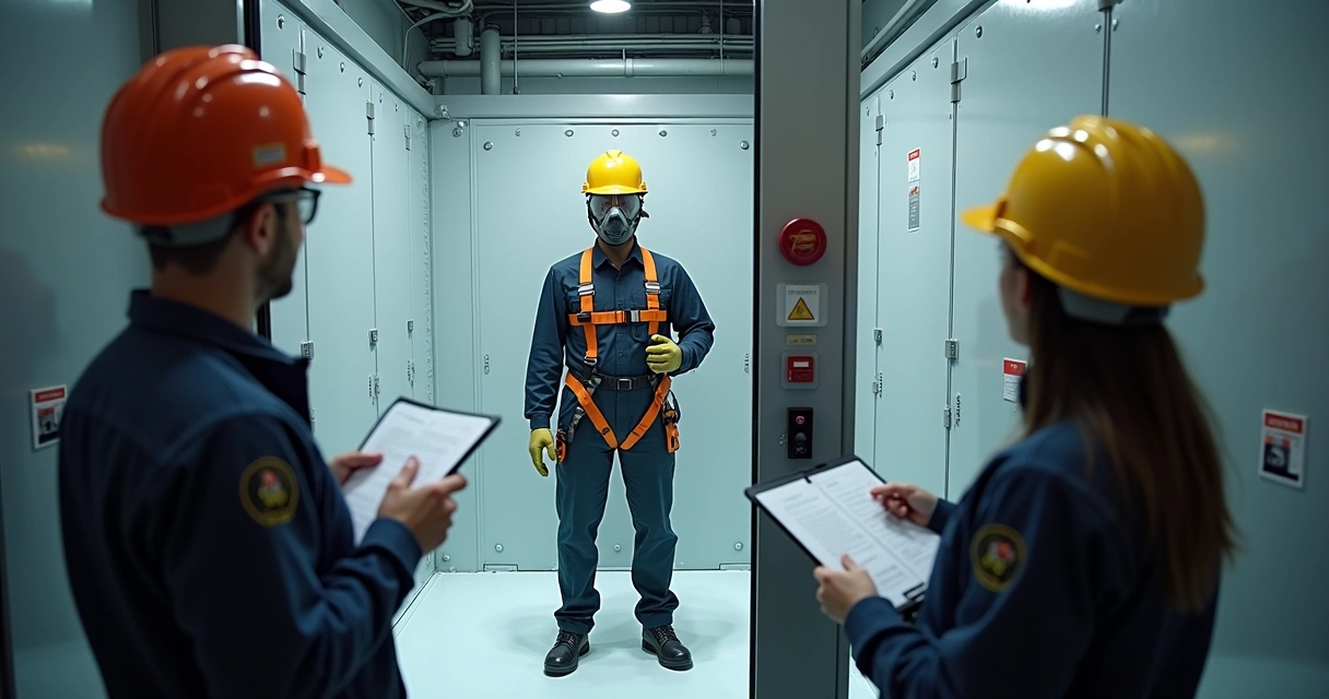 Simulador de espaço confinado com manequim e equipamentos de segurança 