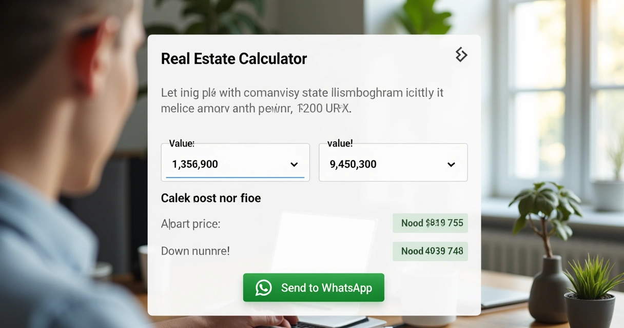 Simulador imobiliário exibindo cálculo de parcelas e envio para WhatsApp 