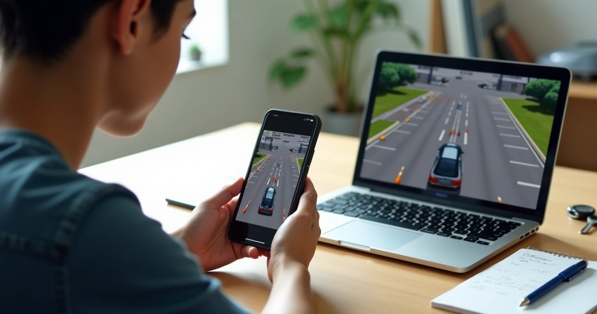 Jovem praticando baliza em simulador de direção online no celular ao lado de um computador com pista virtual 