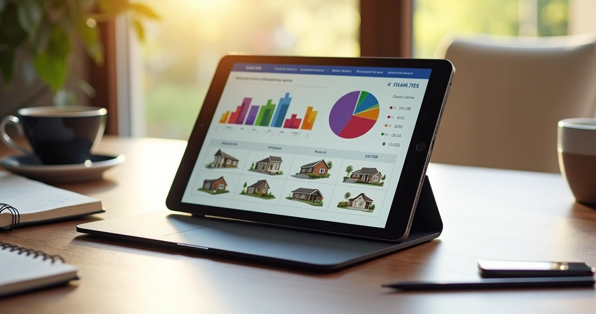 Simulação de rentabilidade imobiliária sendo feita em aplicativo com gráficos coloridos e imóveis listados