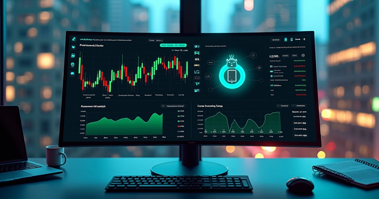Painel de simulador de trading com robô e gráficos em tela de computador 