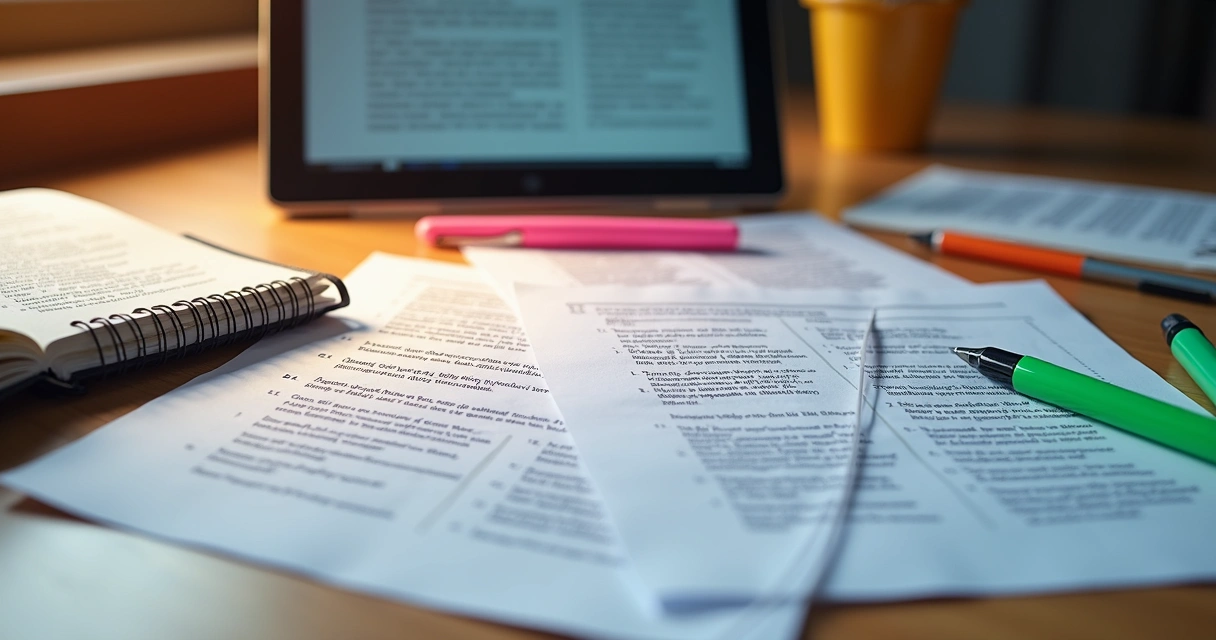 Mesa com simulados de interpretação de texto e materiais de estudo