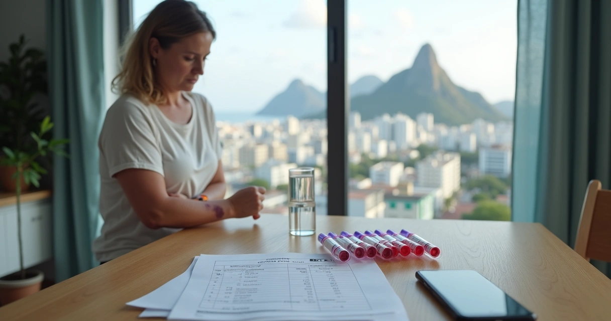 Mulher observando manchas roxas no braço ao lado de exames de sangue em casa 