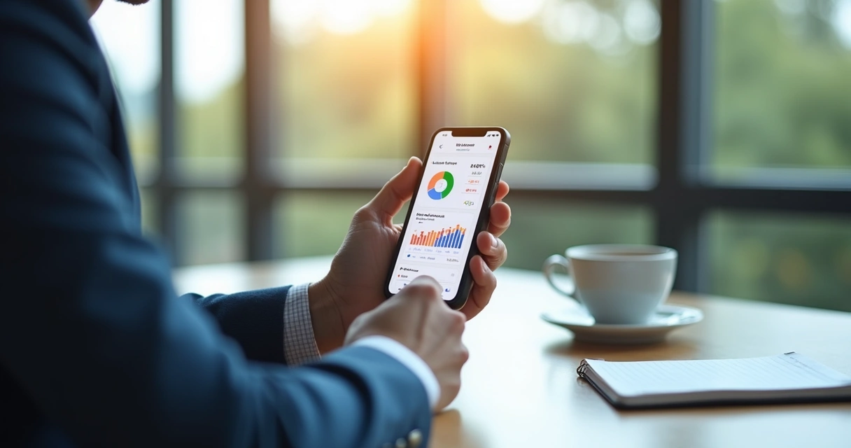 Gestor olhando para tela de smartphone com gráficos de inadimplência
