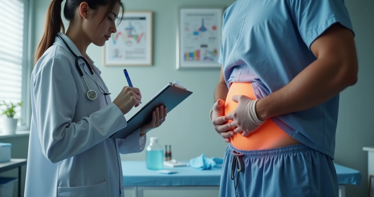 Médico avaliando sinais de alerta no pós-procedimento em consultório 