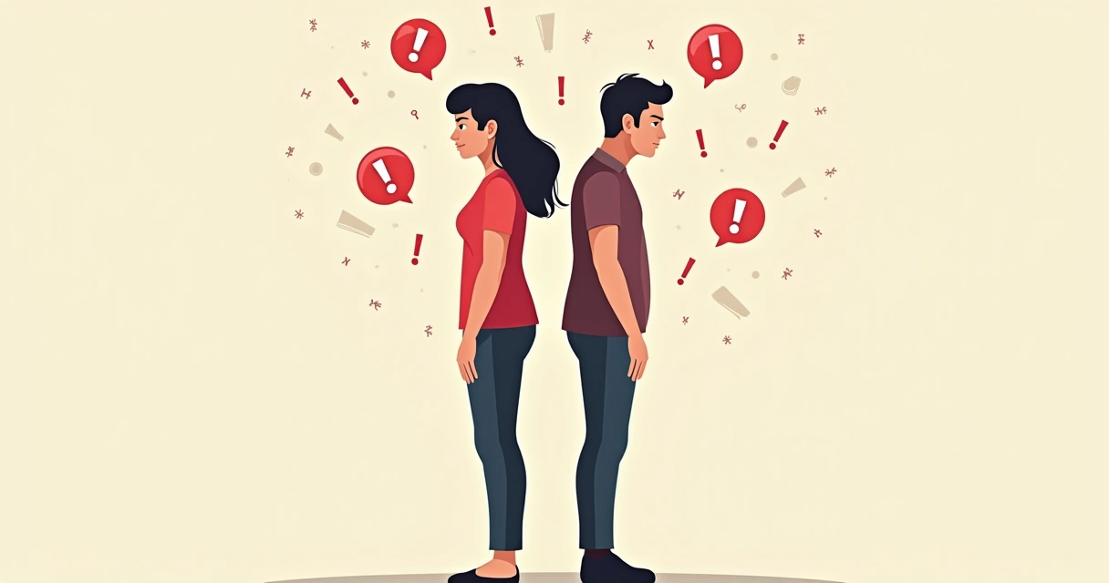 Ilustração de sinais de alerta em um relacionamento, mostrando um casal de costas um para o outro, fundo neutro, ícones de atenção ao redor 
