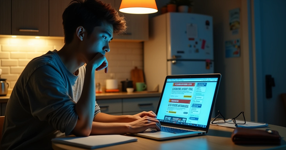 Trabalhadora em casa analisando anúncios duvidosos de renda extra na tela do notebook 