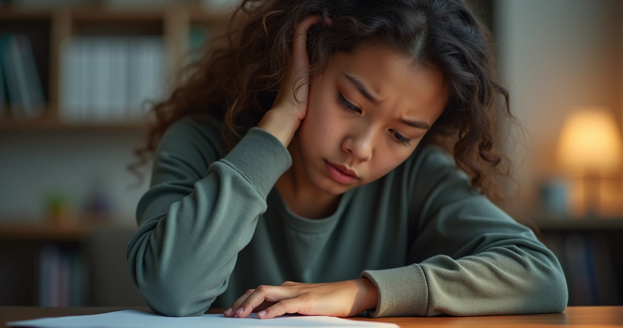 Pessoa com gesto de preocupação, apoiando a cabeça na mão 