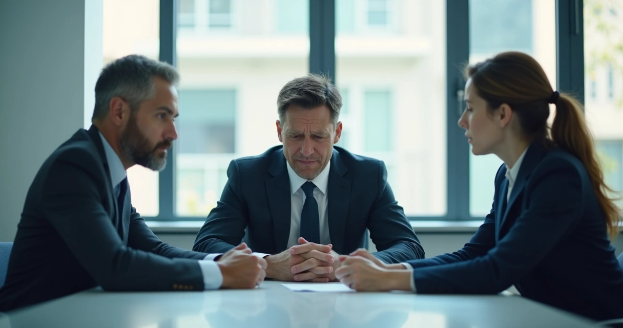 Três líderes reunidos em uma sala, um deles demonstrando sinais de cansaço enquanto os outros observam preocupados. 