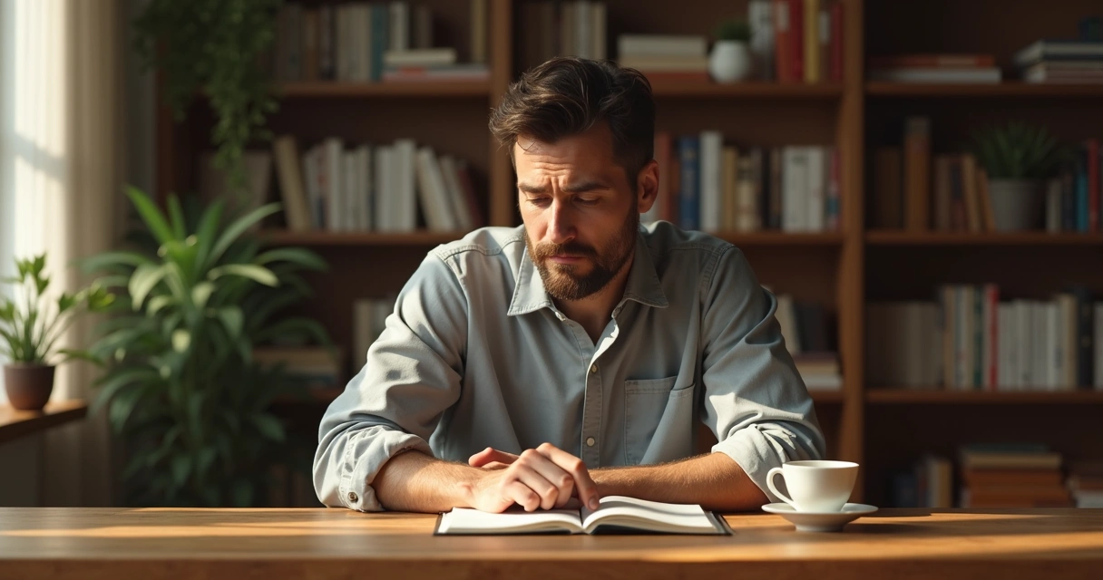 Pessoa olhando para baixo pensativa em ambiente iluminado 
