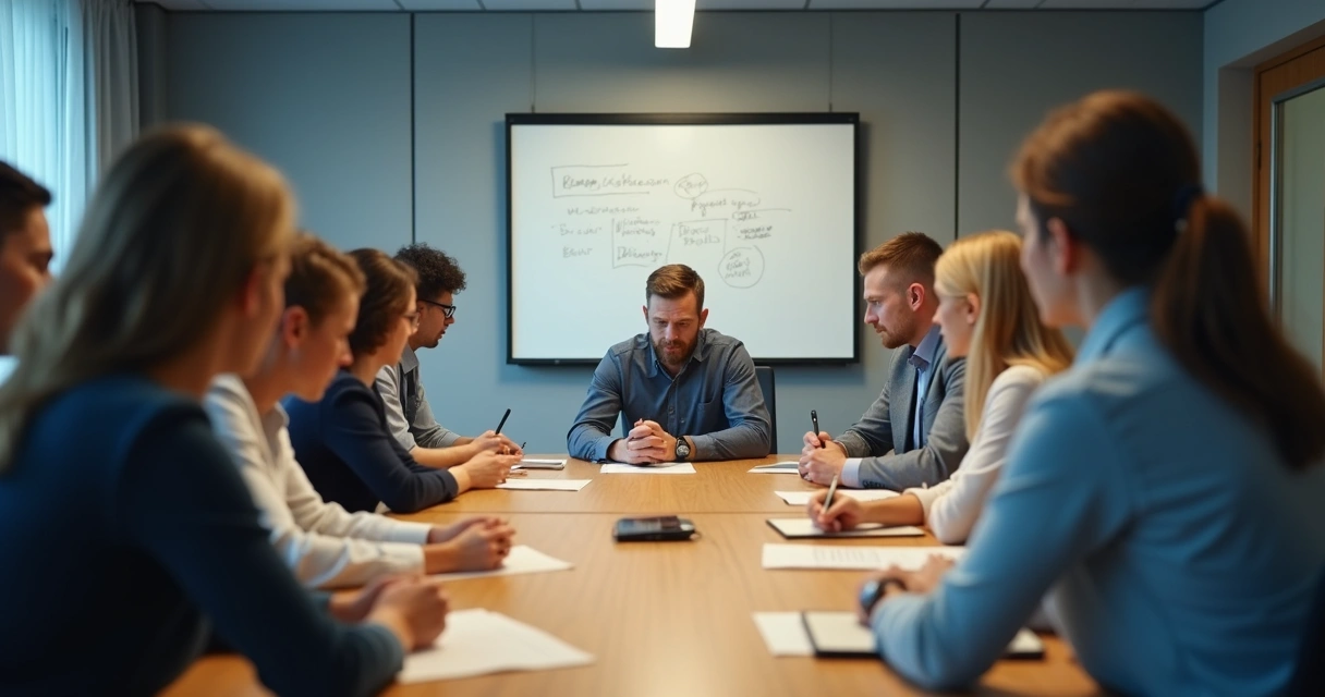 Pessoas sentadas em torno de uma mesa, evitando contato visual