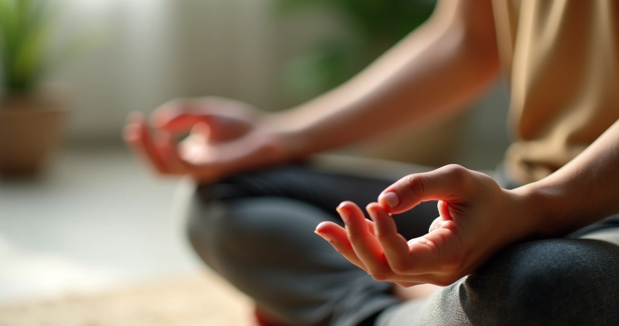 Detalhe de mãos relaxadas e postura calma durante meditação 