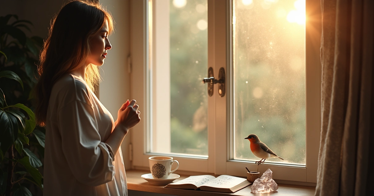 Pessoa observando um passarinho na janela, notando sinais do universo 