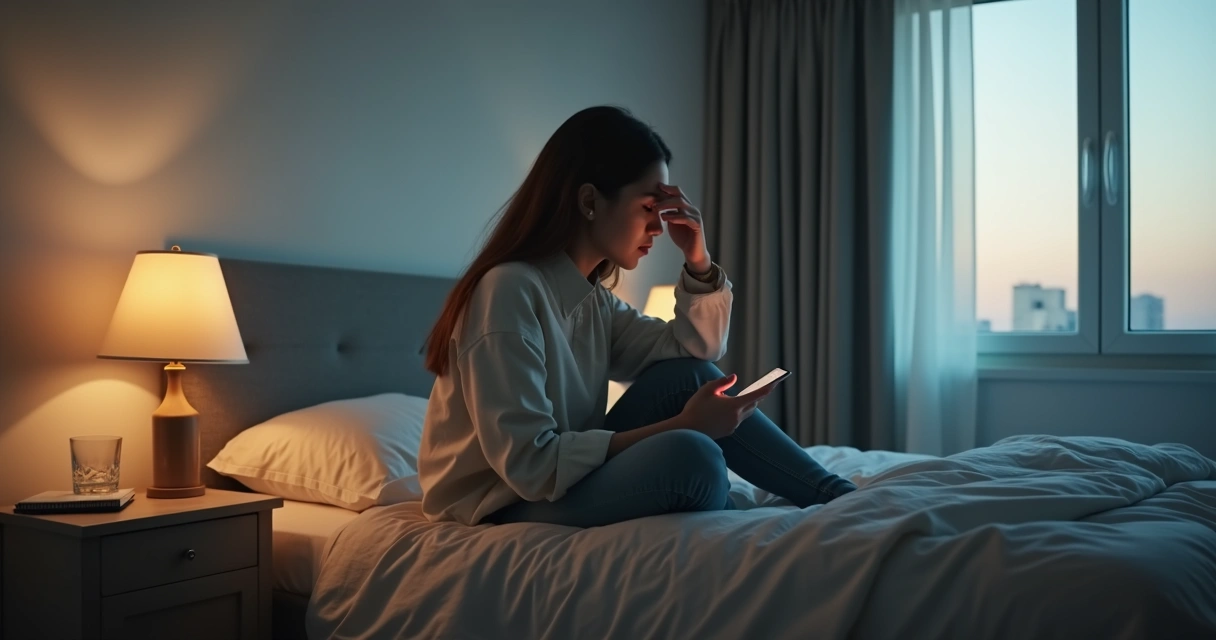 Pessoa cansada olhando celular em ambiente silencioso 